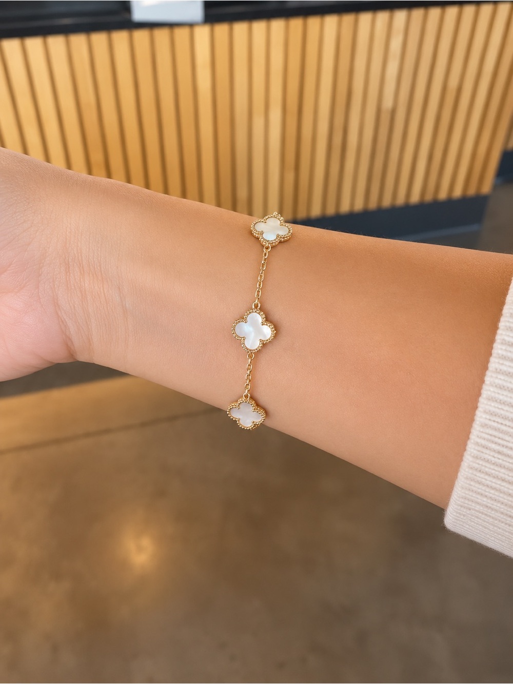 14K Gold Plated Mother of Pearl Clover Bracelet Elegant Luxury Jewelry Gift